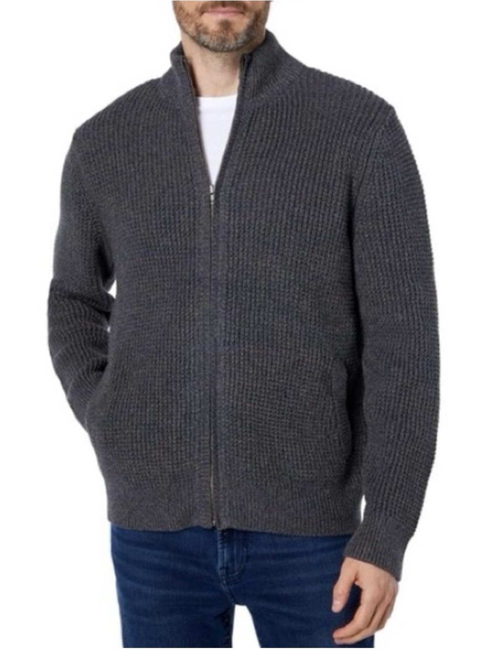 NWT L.L. Bean Organic Cotton Waffle Full Zip Sweater in Dark Cinder Size Large